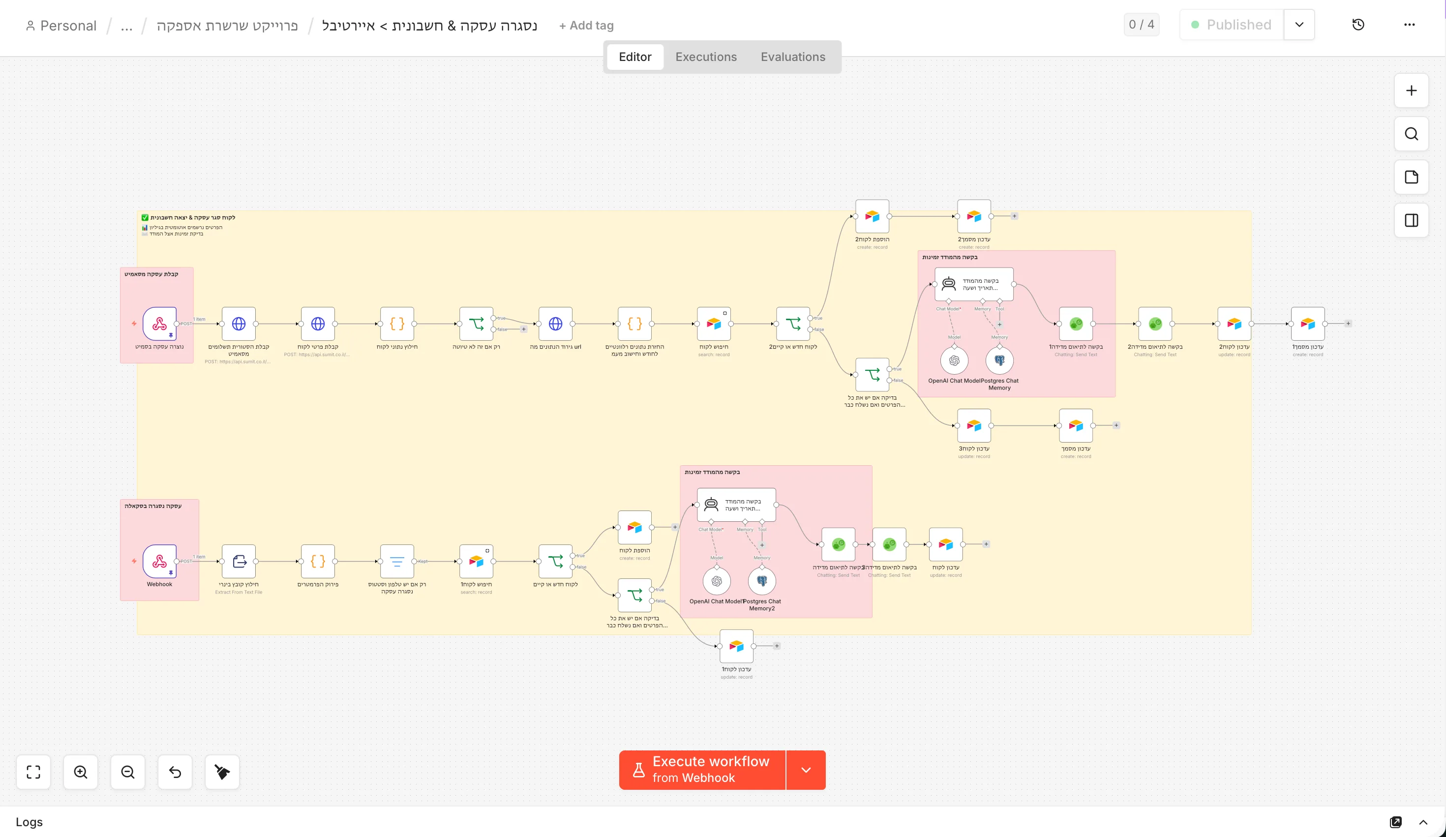 n8n flow: closing a deal and generating an invoice in Airtable