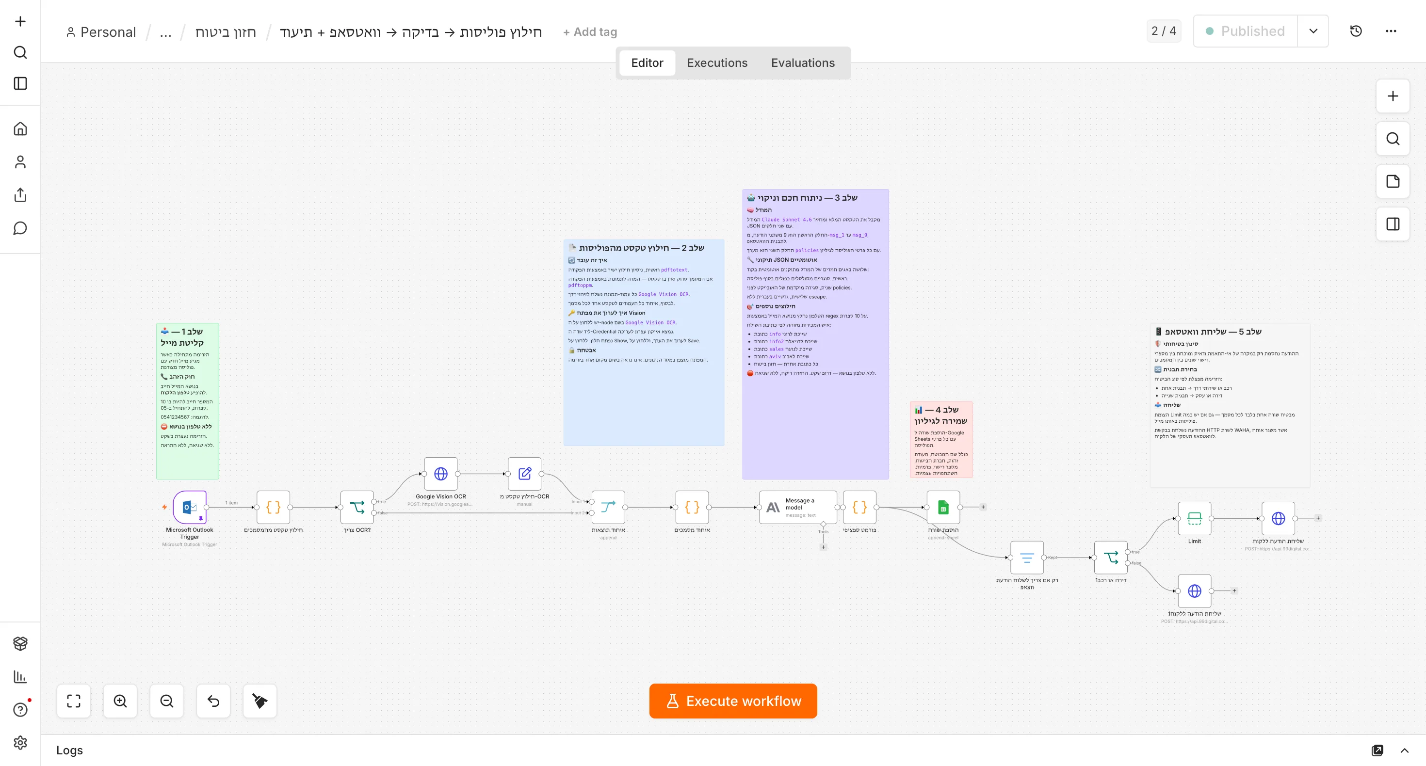 n8n flow: policy extraction, validation, WhatsApp sending and logging