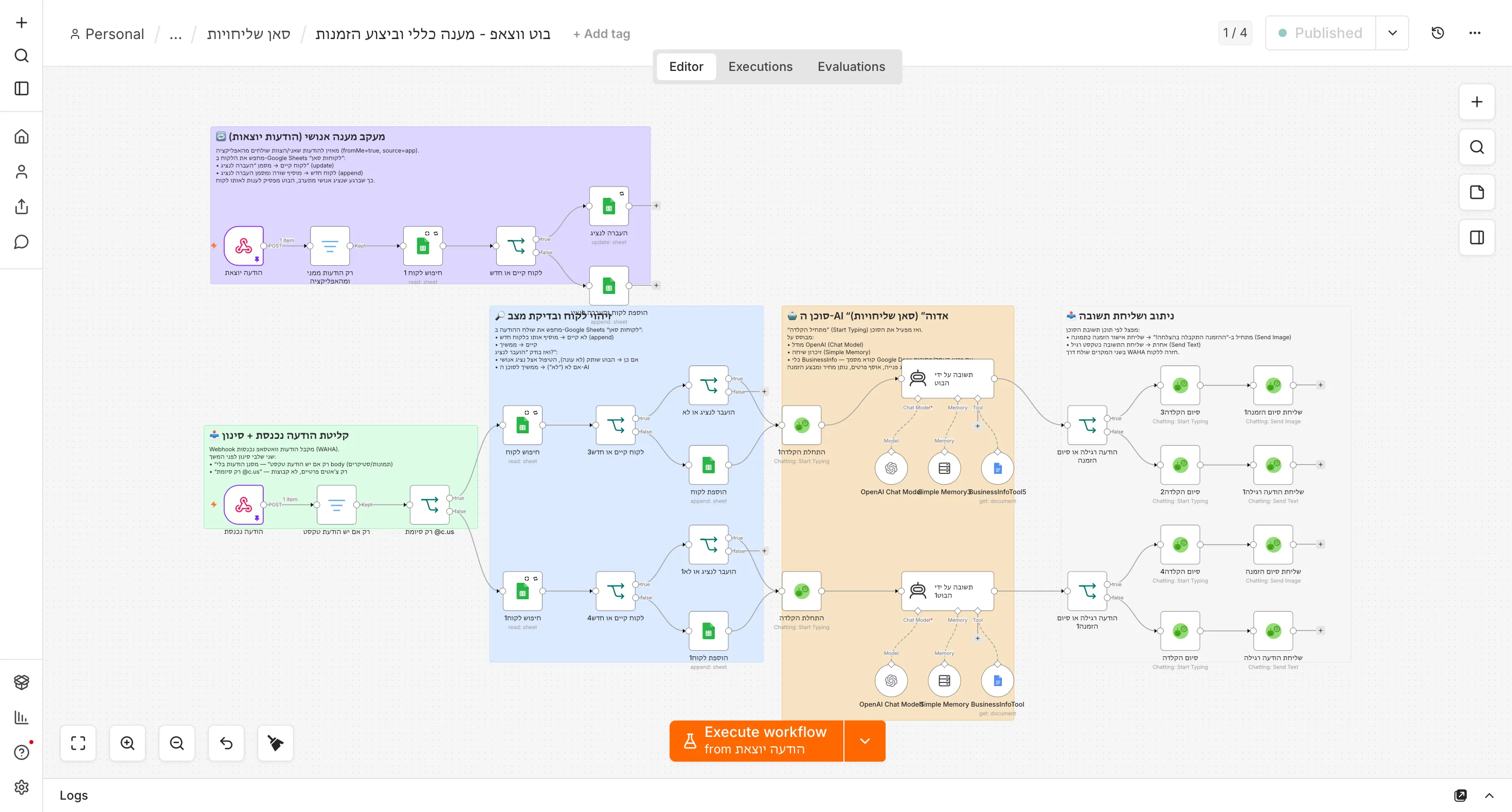 n8n flow: WhatsApp bot for general support and placing orders